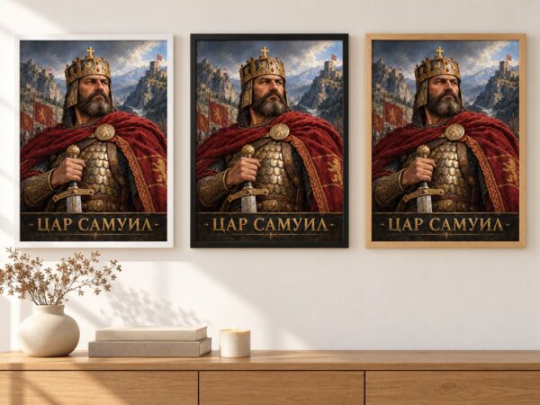 Същият портрет на цар Самуил в бяла, черна и дървена рамка на стена в стая