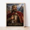 Портрет на цар Самуил в светла дървена рамка, облегнат на бяла стена върху паркет