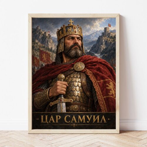 Портрет на цар Самуил в светла дървена рамка, облегнат на бяла стена върху паркет