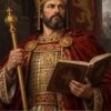 Картина цар Симеон Велики: владетел с корона, скиптър и книга, надпис „ЦАР СИМЕОН ВЕЛИКИ“ Картина цар Симеон Велики: владетел с корона, скиптър и книга, надпис „ЦАР СИМЕОН ВЕЛИКИ“