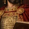 Детайл отблизо: Картина цар Симеон Велики: владетел с корона, скиптър и книга, надпис „ЦАР СИМЕОН ВЕЛИКИ“ Детайл отблизо: Картина цар Симеон Велики: владетел с корона, скиптър и книга, надпис „ЦАР СИМЕОН ВЕЛИКИ“