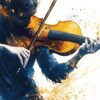 Детайл: златна цигулка, ръка на грифа и лък отблизо