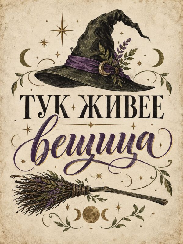 Картина тук живее вещица: надпис „ТУК ЖИВЕЕ вещица“ под вещерска шапка и над метла, със златни луни Картина тук живее вещица: надпис „ТУК ЖИВЕЕ вещица“ под вещерска шапка и над метла, със златни луни