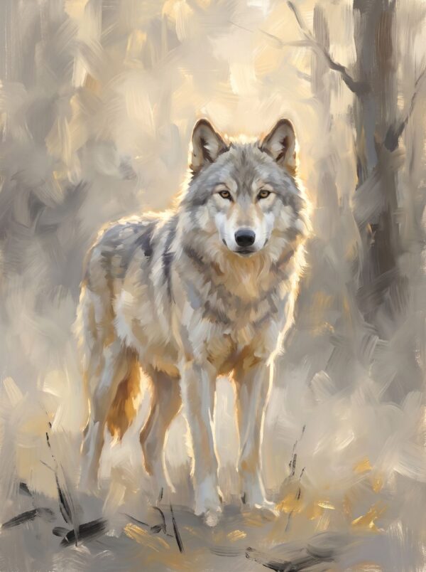 Картина вълк в златна мъгла: сив вълк в цял ръст, осветен отзад, на размит фон Картина вълк в златна мъгла: сив вълк в цял ръст, осветен отзад, на размит фон
