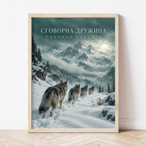 Картина с вълци в снега в светла дървена рамка, облегната на бяла стена върху паркет