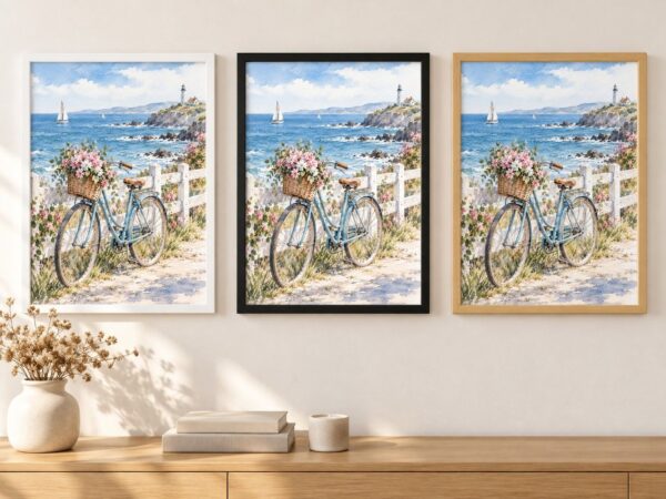 Същата картина с велосипед до морето в бяла, черна и дървена рамка на стена в стая