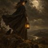Картина вещица с фенер: млада вещица на скалист хълм с черна котка, луна и градче в долината Картина вещица с фенер: млада вещица на скалист хълм с черна котка, луна и градче в долината