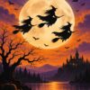 Картина вещици пред луната: три силуета на метли, прилепи, замък и езеро в оранжев залез Картина вещици пред луната: три силуета на метли, прилепи, замък и езеро в оранжев залез