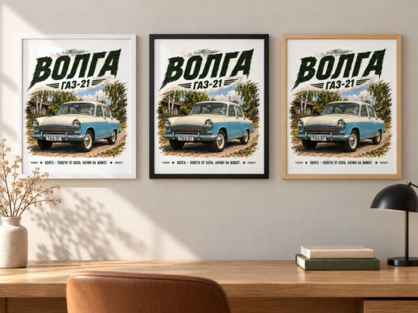 Същата картина с Волга ГАЗ-21 в бяла, черна и дървена рамка на стена в офис Същата картина с Волга ГАЗ-21 в бяла, черна и дървена рамка на стена в офис