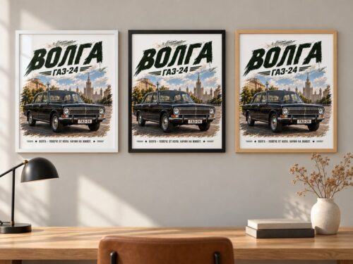 Същата картина с Волга ГАЗ-24 в бяла, черна и дървена рамка на стена в офис