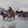 Картина връщане от пазар: ездач на сив кон води още коне през сняг пред бели планини
