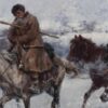 Детайл: ездач в кафяво палто и кожена шапка на сив кон, зад него тъмни коне
