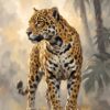 Картина ягуар в златна мъгла: ягуар със златиста козина и черни розетки, обърнат наляво