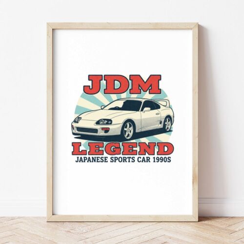 Картина с бяло японско купе и надпис JDM LEGEND в светла дървена рамка, облегната на бяла стена върху паркет