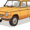 Детайл отблизо: Картина запорожец ЗАЗ 968: малък оранжев автомобил на бял фон с надпис „ЗАЗ 968 ЗАПОРОЖЕЦ“