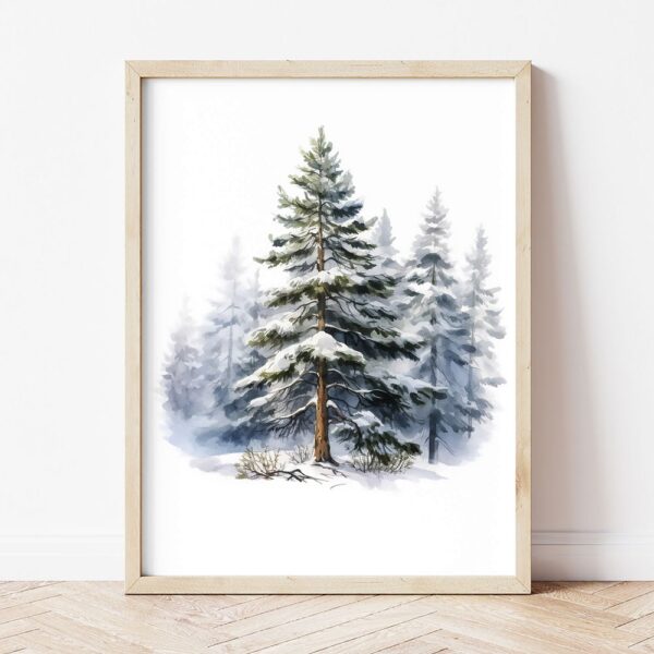 Картина заснежени ели в светла дървена рамка, облегната на бяла стена