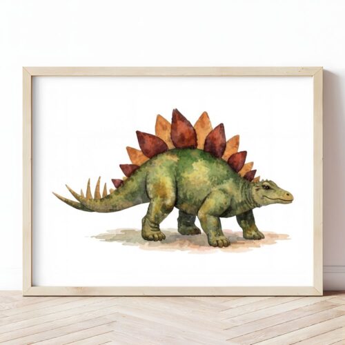 Картина зелен стегозавър в светла дървена рамка, облегната на бяла стена