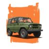 Картина зелен теренен автомобил с платнен гюрук пред оранжев фон с четкови следи Картина зелен теренен автомобил с платнен гюрук пред оранжев фон с четкови следи