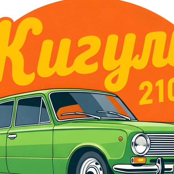 Детайл отблизо: Картина зелени жигули 2101: зелен седан пред оранжев кръг с жълт надпис „Жигули“ Детайл отблизо: Картина зелени жигули 2101: зелен седан пред оранжев кръг с жълт надпис „Жигули“