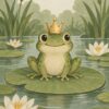 Картина жабок с корона: малък зелен жабок със златна корона на лист от водна лилия Картина жабок с корона: малък зелен жабок със златна корона на лист от водна лилия