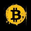Картина жълт биткойн на черно: черен знак на биткойн върху жълт кръг с груби ръбове на черен фон