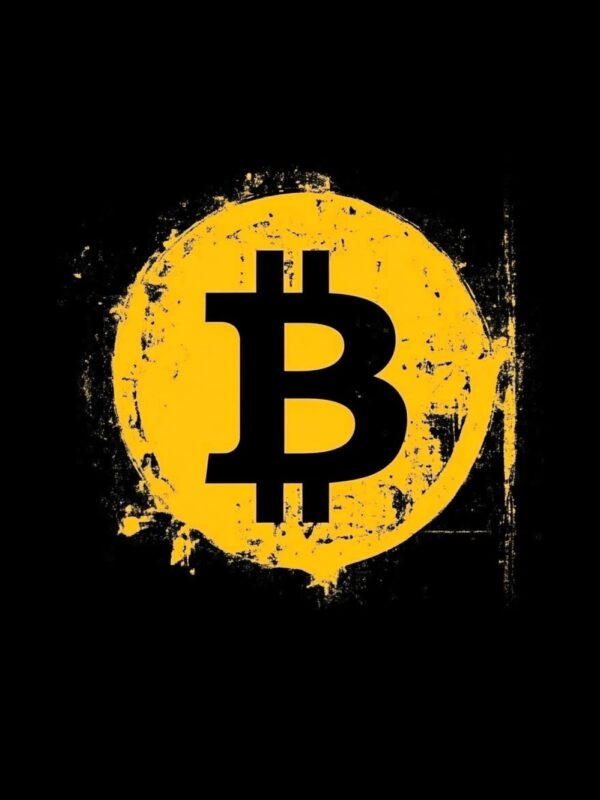 Картина жълт биткойн на черно: черен знак на биткойн върху жълт кръг с груби ръбове на черен фон