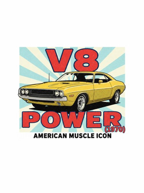 Картина жълт мускул кар: жълто купе от 1970 пред сини лъчи с надписи V8 POWER и AMERICAN MUSCLE ICON