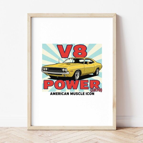 Картина с жълто мускул кар купе и надпис V8 POWER в светла дървена рамка, облегната на бяла стена върху паркет
