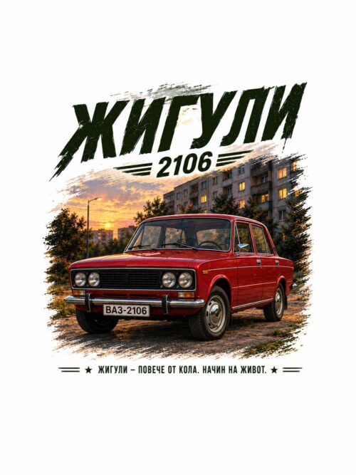 Картина Жигули 2106: червена ретро кола пред блокове и оранжев залез Картина Жигули 2106: червена ретро кола пред блокове и оранжев залез