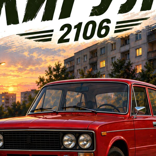 Детайл отблизо: Картина Жигули 2106: червена ретро кола пред блокове и оранжев залез