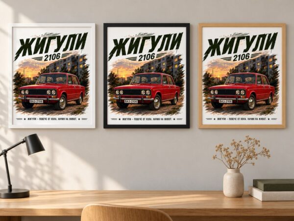 Същата картина с Жигули 2106 в бяла, черна и дървена рамка на стена в офис