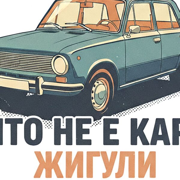 Детайл отблизо: Картина жигули с надпис „КОЙТО НЕ Е КАРАЛ ЖИГУЛИ НЕ Е КАРАЛ НИЩО“ и синьозелен седан Детайл отблизо: Картина жигули с надпис „КОЙТО НЕ Е КАРАЛ ЖИГУЛИ НЕ Е КАРАЛ НИЩО“ и синьозелен седан