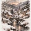 Картина зимен пейзаж със заснежено село, каменен мост и църква по здрач