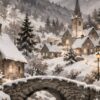 Детайл от средата: каменен мост с арка, заснежени къщи и светлина във водата