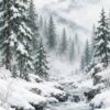 Картина зимна гора в мъгла: планински поток между заснежени камъни и иглолистни дървета в бяла мъгла Картина зимна гора в мъгла: планински поток между заснежени камъни и иглолистни дървета в бяла мъгла