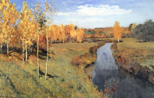Картина Златна есен Левитан: златисти брези и река между есенни поля Картина Златна есен Левитан: златисти брези и река между есенни поля