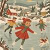 Коледна картина деца на кънки: три деца и кученце на замръзнало езеро пред каменен мост и църква