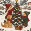 Коледна картина деца украсяват елха: момиче, момче и куче със шалове около малка елха в снега
