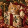 Коледна картина коте в кутия: рижо коте с бели лапички в подаръчна кутия със зеленика под елха