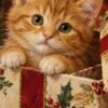 Детайл отблизо: Коледна картина коте в кутия: рижо коте с бели лапички в подаръчна кутия със зеленика под елха
