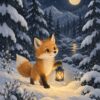 Коледна картина лисиче с фенер: оранжево лисиче със светещ фенер в снежна гора под пълна луна Коледна картина лисиче с фенер: оранжево лисиче със светещ фенер в снежна гора под пълна луна