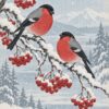 Коледна картина снегирчета на офика: две птици с червени гърди на заснежен клон със зимен пейзаж