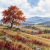 Първа картина: самотно червено-оранжево дърво на тревист склон с червени храсти и хълмове Първа картина: самотно червено-оранжево дърво на тревист склон с червени храсти и хълмове