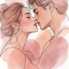 Лайн арт двойка за спалня: мъж и жена лице до лице със затворени очи, розови акварелни петна на бял фон