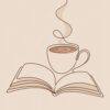 Лайн арт кафе и книга: чаша с пара върху отворена книга, тънка линия в мока на бежов фон