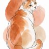 Лайн арт котка: бяла котка с оранжеви петна, обърната с гръб, поглежда назад на фон от акварелни петна