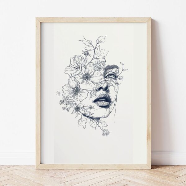 Лайн арт лице с цветя в светла дървена рамка, облегната на бяла стена