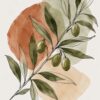 Лайн арт маслинова клонка: диагонална клонка с четири зелени маслини на фон от петна в теракота и пясък Лайн арт маслинова клонка: диагонална клонка с четири зелени маслини на фон от петна в теракота и пясък