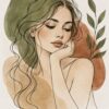 Лайн арт замислена жена с дълга вълниста коса, подпряна на юмрук, върху акварелни петна в зелено и теракота Лайн арт замислена жена с дълга вълниста коса, подпряна на юмрук, върху акварелни петна в зелено и теракота