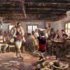 Мърквичка ръченица: мъже в носии играят в стая с дървени греди, други седят около тях Мърквичка ръченица: мъже в носии играят в стая с дървени греди, други седят около тях